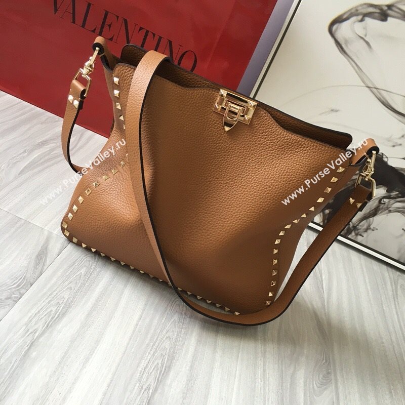 Valentino Small Grainy Calfskin Leather Rockstud Hobo Bag 50031L Brown 2020 (JD-20112755)