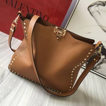 Valentino Small Grainy Calfskin Leather Rockstud Hobo Bag 50031L Brown 2020 (JD-20112755)