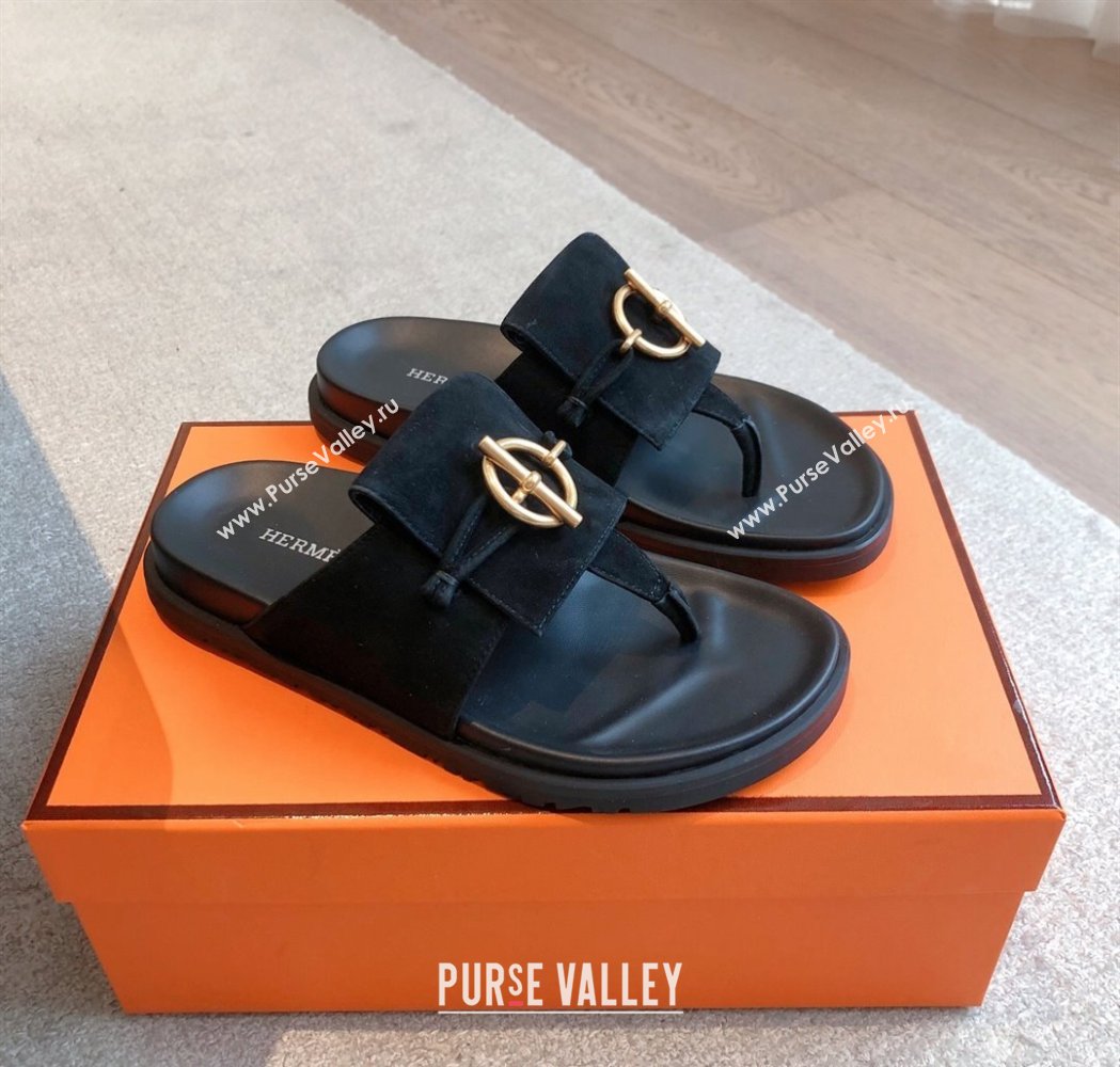 Hermes Glenan Buckle Thong Slide Sandals in Suede Black 2025 (XC-250226093)