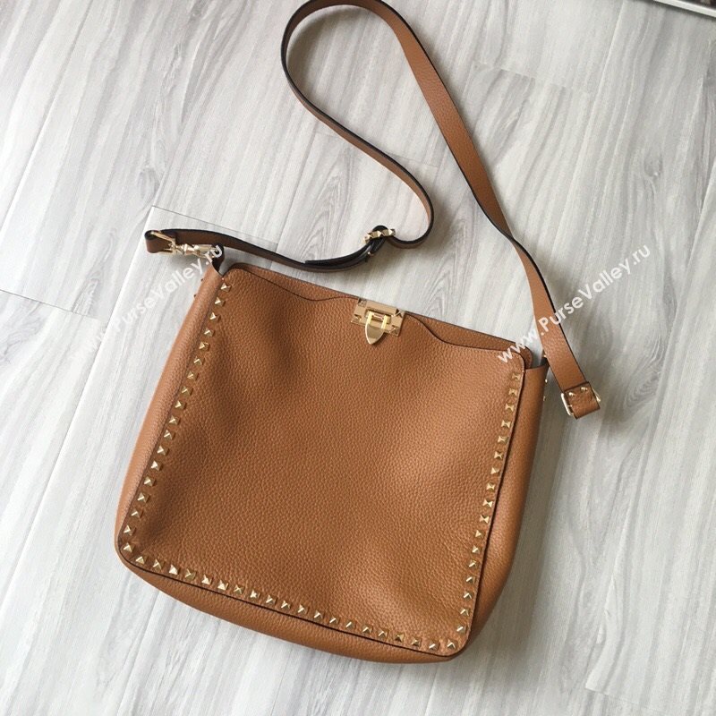 Valentino Small Grainy Calfskin Leather Rockstud Hobo Bag 50031L Brown 2020 (JD-20112755)