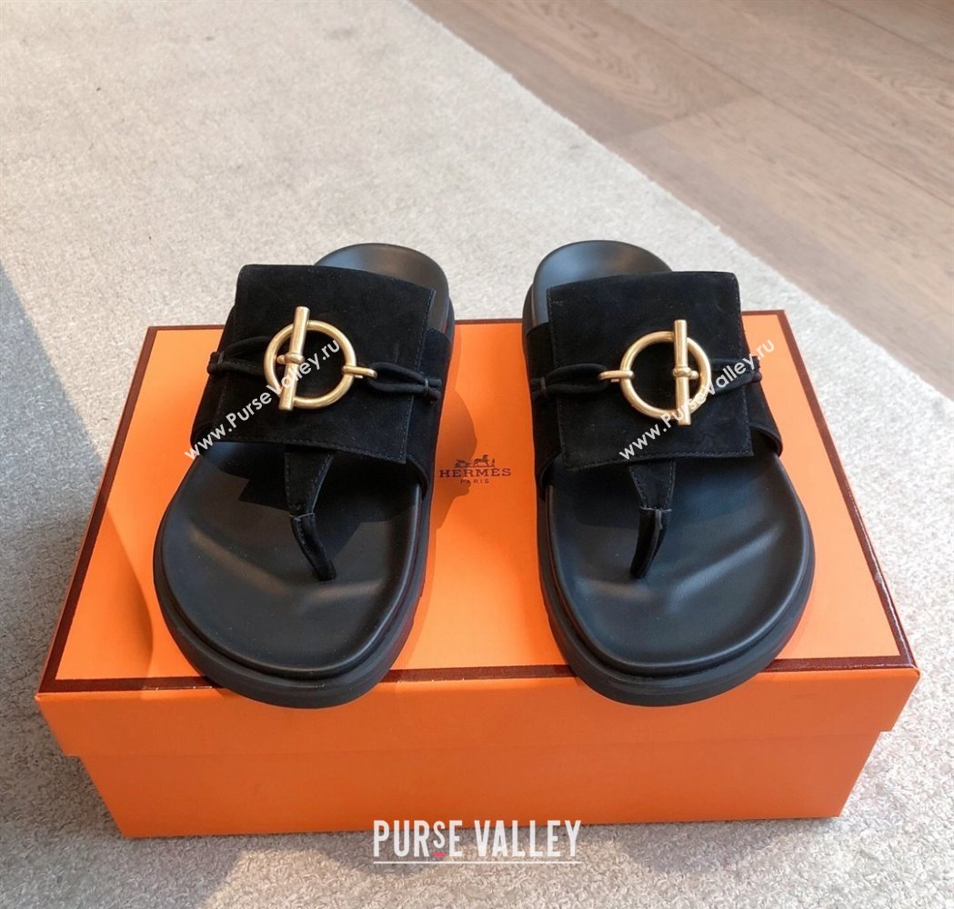 Hermes Glenan Buckle Thong Slide Sandals in Suede Black 2025 (XC-250226093)