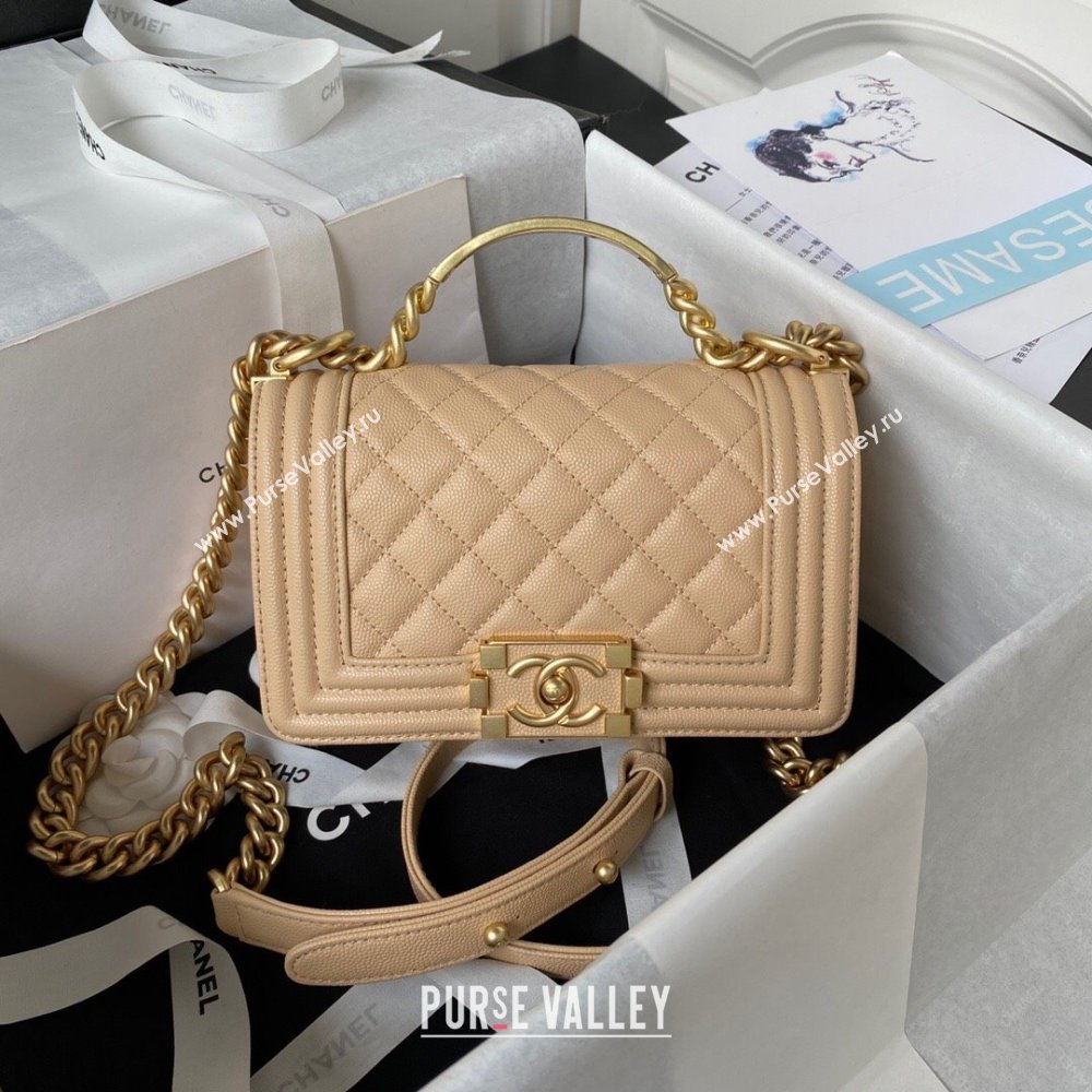 Chanel Small Boy Chanel Handbag with Handle in Grained Calfskin Apricot 2023 (YEZI-23110610)