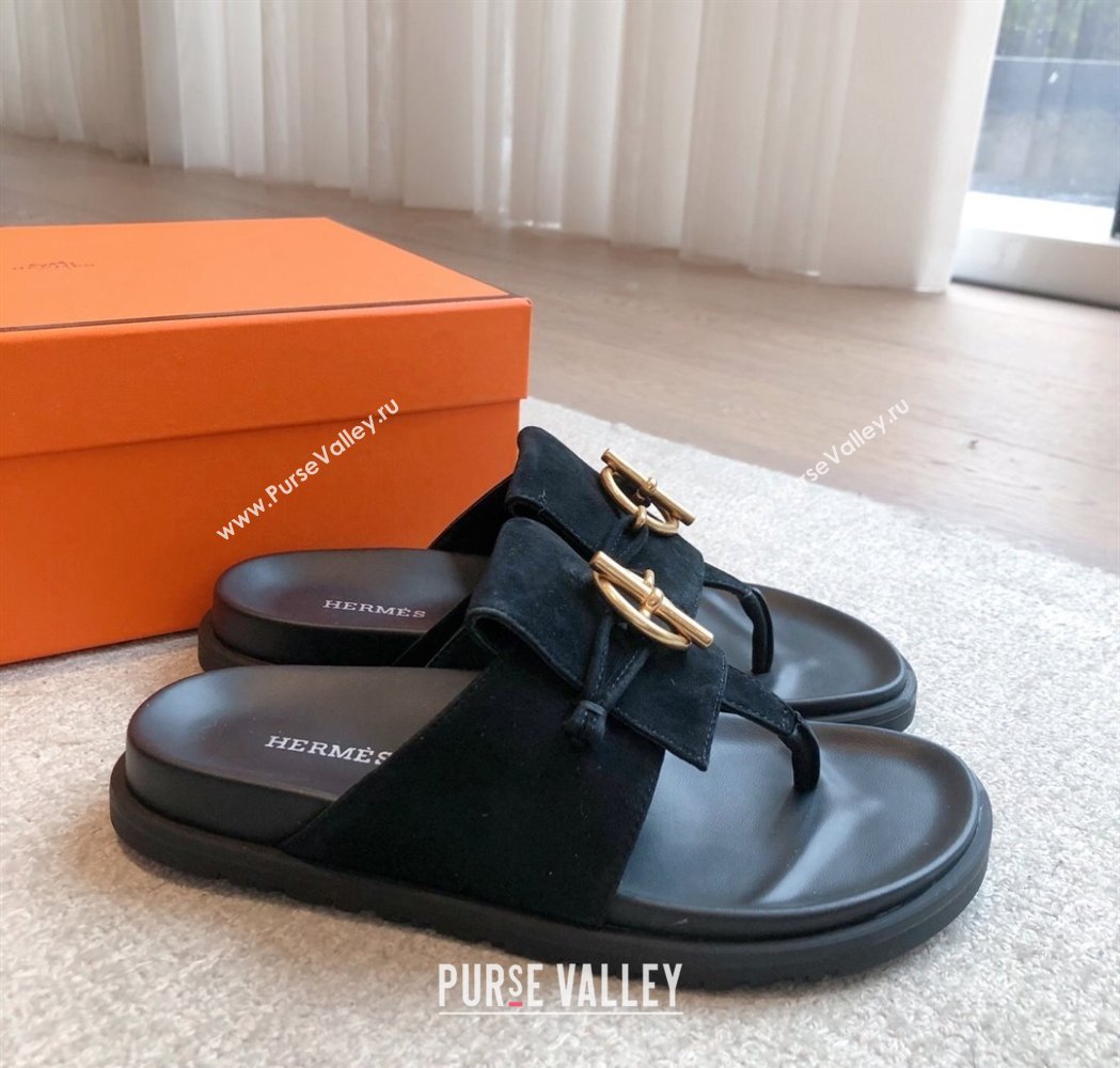 Hermes Glenan Buckle Thong Slide Sandals in Suede Black 2025 (XC-250226093)