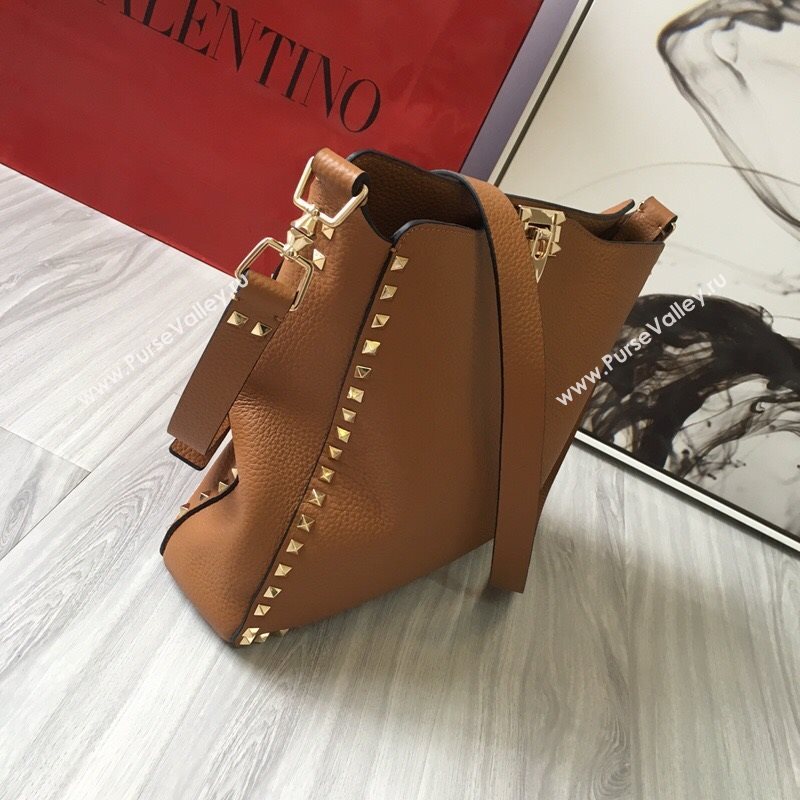 Valentino Small Grainy Calfskin Leather Rockstud Hobo Bag 50031L Brown 2020 (JD-20112755)