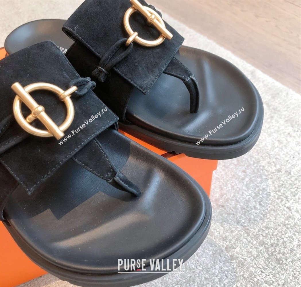 Hermes Glenan Buckle Thong Slide Sandals in Suede Black 2025 (XC-250226093)
