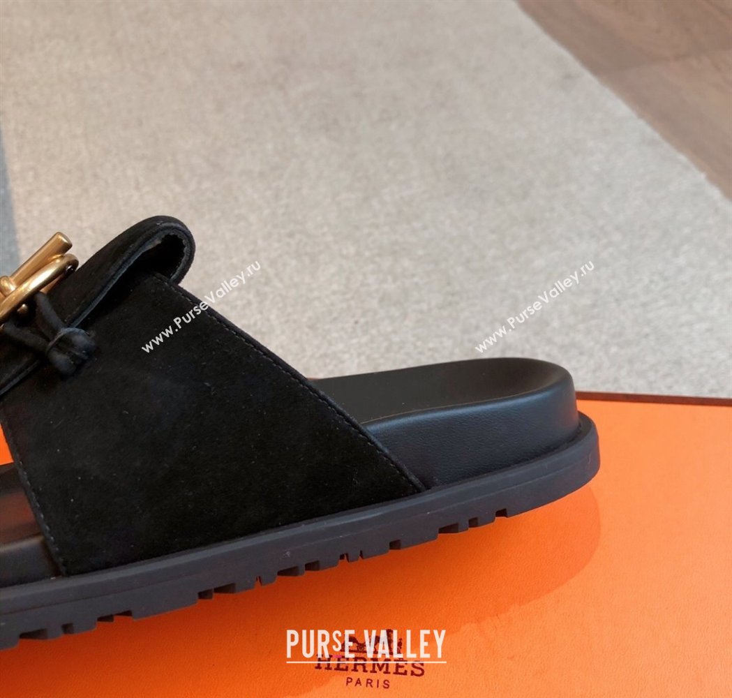Hermes Glenan Buckle Thong Slide Sandals in Suede Black 2025 (XC-250226093)