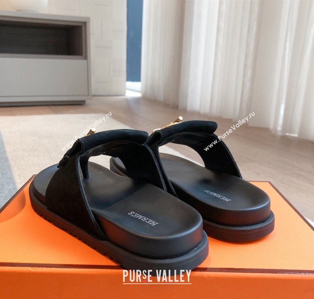 Hermes Glenan Buckle Thong Slide Sandals in Suede Black 2025 (XC-250226093)