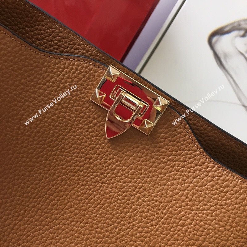 Valentino Small Grainy Calfskin Leather Rockstud Hobo Bag 50031L Brown 2020 (JD-20112755)