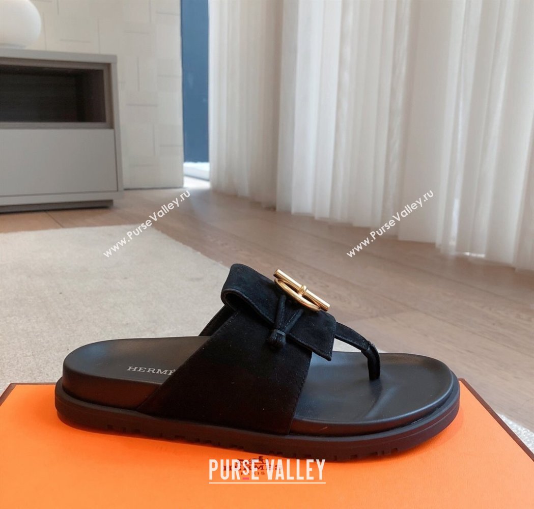 Hermes Glenan Buckle Thong Slide Sandals in Suede Black 2025 (XC-250226093)