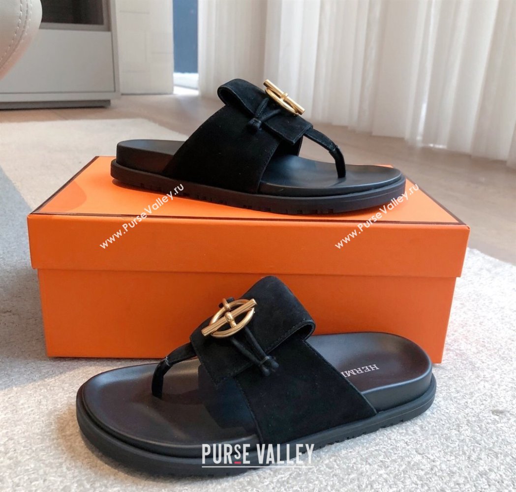Hermes Glenan Buckle Thong Slide Sandals in Suede Black 2025 (XC-250226093)