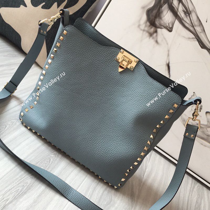 Valentino Small Grainy Calfskin Leather Rockstud Hobo Bag 50031L Light Blue 2020 (JD-20112756)