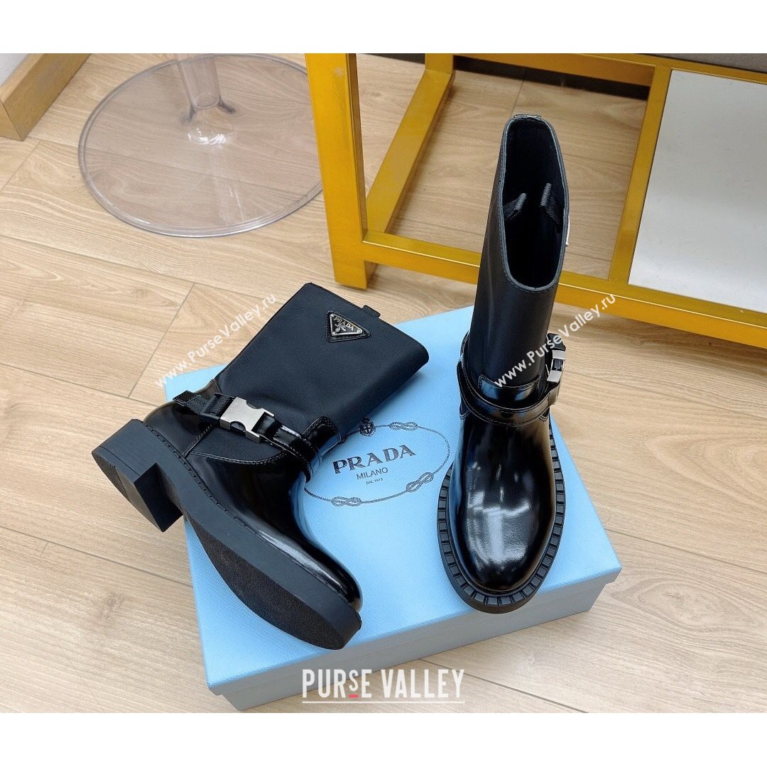 Prada Brushed Leather and Re-Nylon Boots with Buckle Black 2021 16 (MD-21081134)