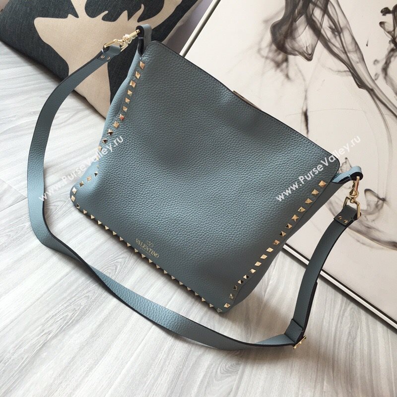 Valentino Small Grainy Calfskin Leather Rockstud Hobo Bag 50031L Light Blue 2020 (JD-20112756)