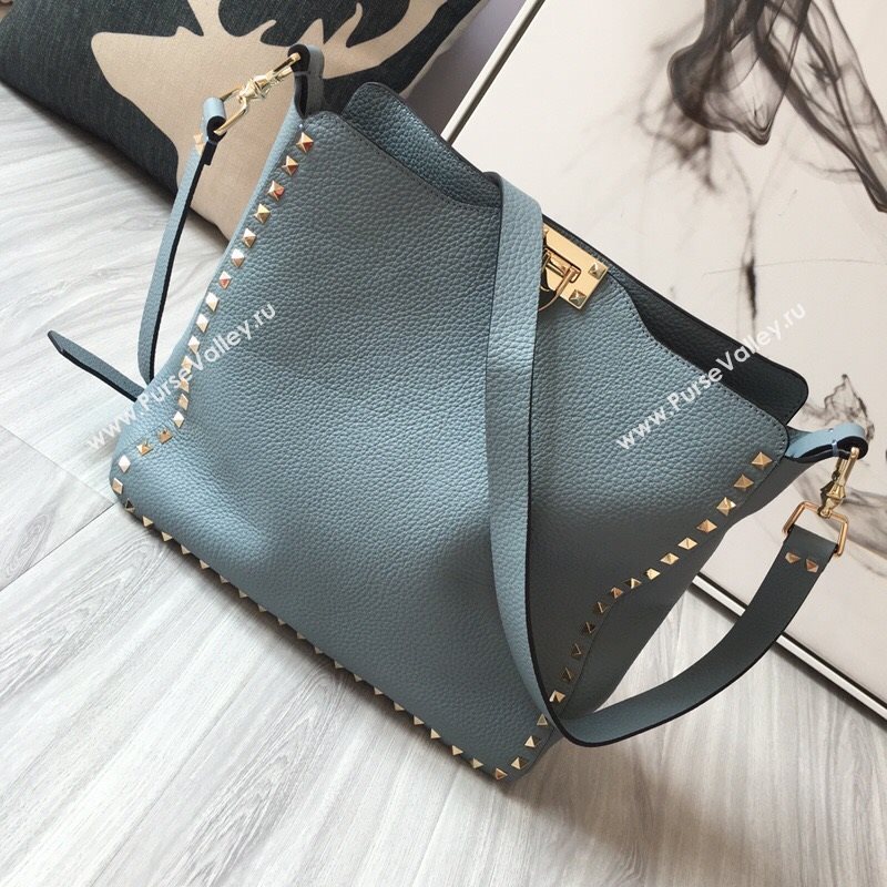 Valentino Small Grainy Calfskin Leather Rockstud Hobo Bag 50031L Light Blue 2020 (JD-20112756)
