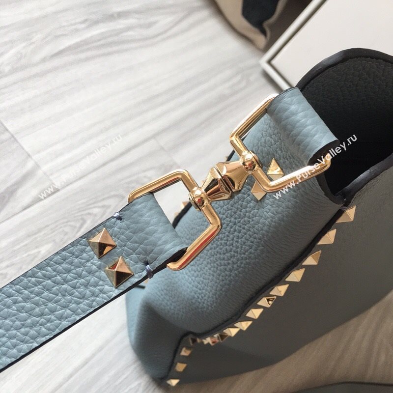 Valentino Small Grainy Calfskin Leather Rockstud Hobo Bag 50031L Light Blue 2020 (JD-20112756)