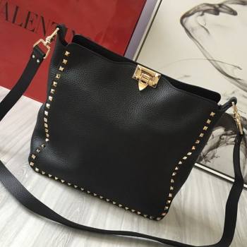 Valentino Small Grainy Calfskin Leather Rockstud Hobo Bag 50031L Black/Gold 2020 (JD-20112757)