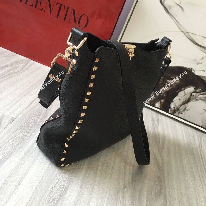 Valentino Small Grainy Calfskin Leather Rockstud Hobo Bag 50031L Black/Gold 2020 (JD-20112757)