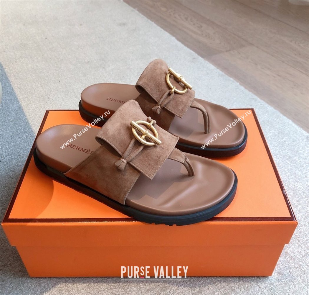 Hermes Glenan Buckle Thong Slide Sandals in Suede Brown 2025 (XC-250226094)