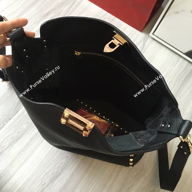 Valentino Small Grainy Calfskin Leather Rockstud Hobo Bag 50031L Black/Gold 2020 (JD-20112757)