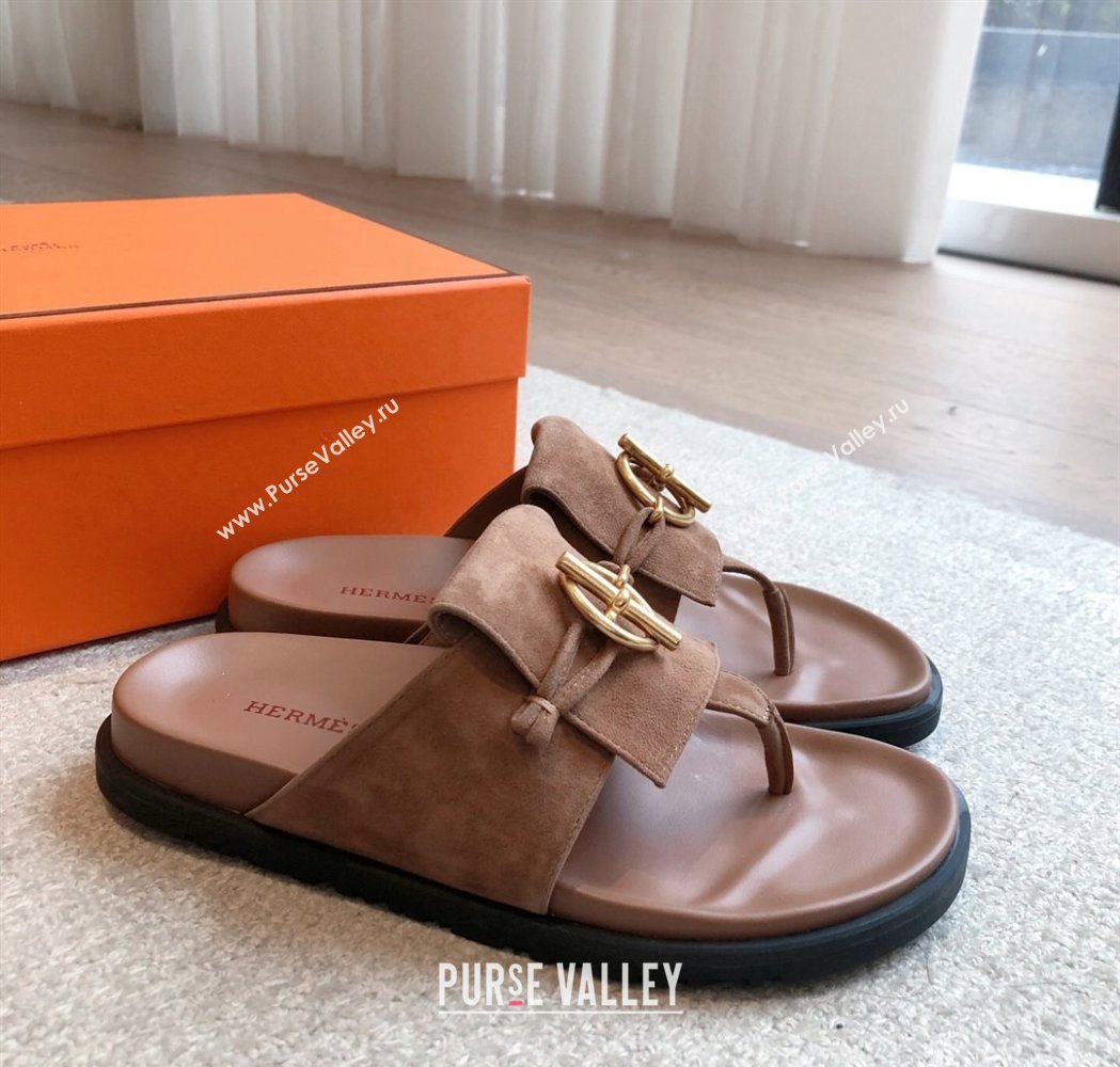 Hermes Glenan Buckle Thong Slide Sandals in Suede Brown 2025 (XC-250226094)