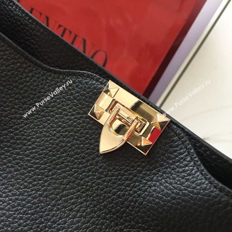 Valentino Small Grainy Calfskin Leather Rockstud Hobo Bag 50031L Black/Gold 2020 (JD-20112757)