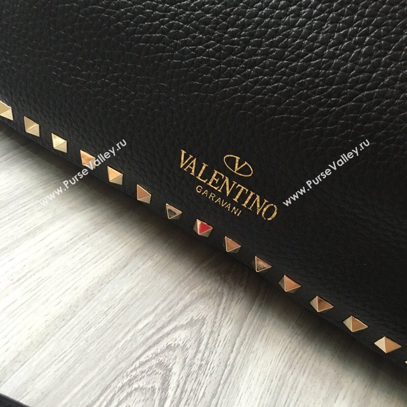 Valentino Small Grainy Calfskin Leather Rockstud Hobo Bag 50031L Black/Gold 2020 (JD-20112757)