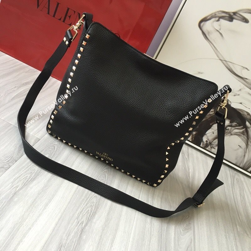 Valentino Small Grainy Calfskin Leather Rockstud Hobo Bag 50031L Black/Gold 2020 (JD-20112757)