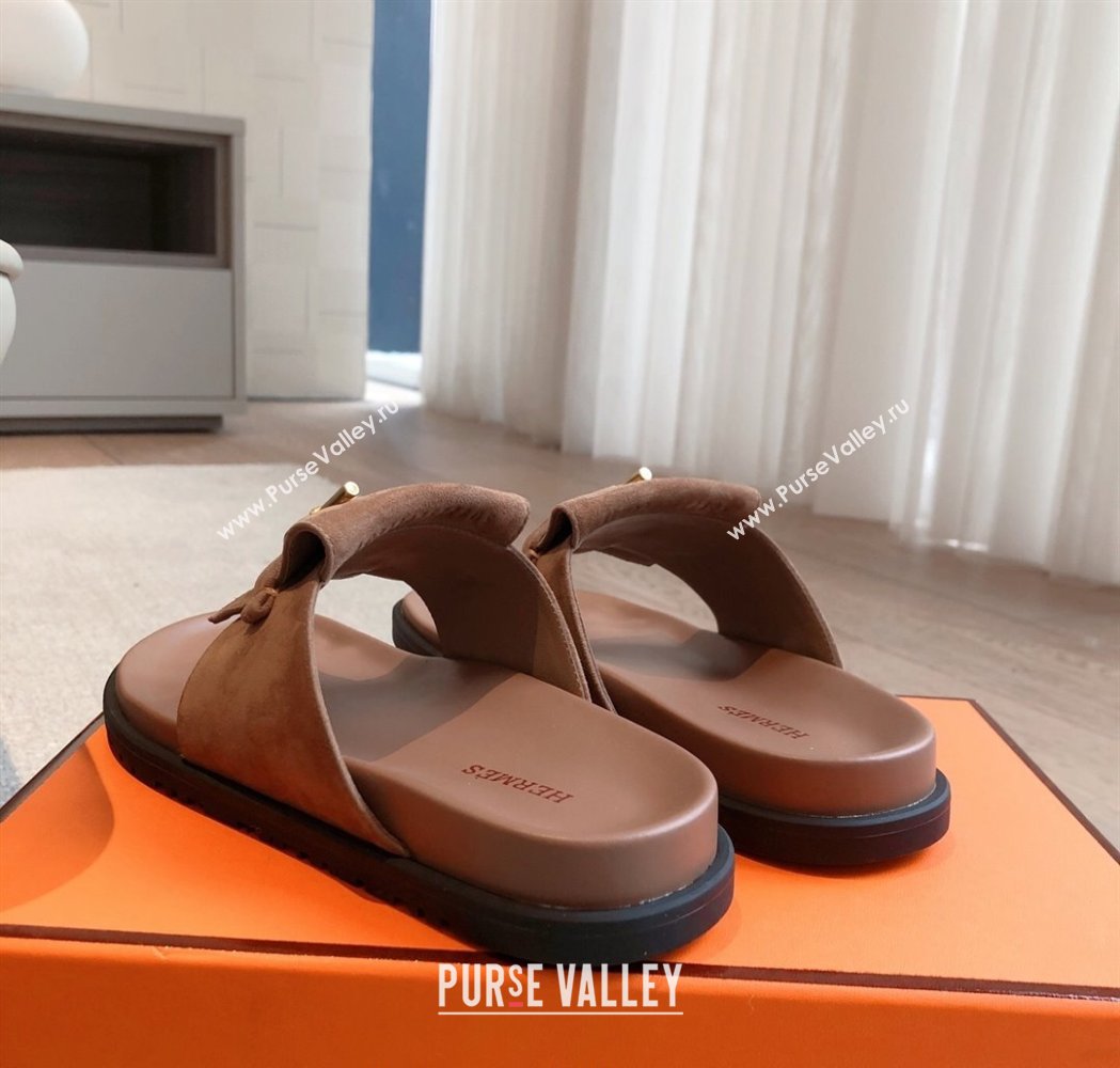Hermes Glenan Buckle Thong Slide Sandals in Suede Brown 2025 (XC-250226094)