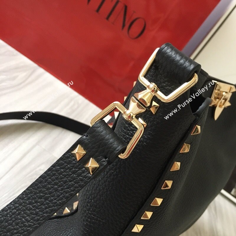 Valentino Small Grainy Calfskin Leather Rockstud Hobo Bag 50031L Black/Gold 2020 (JD-20112757)