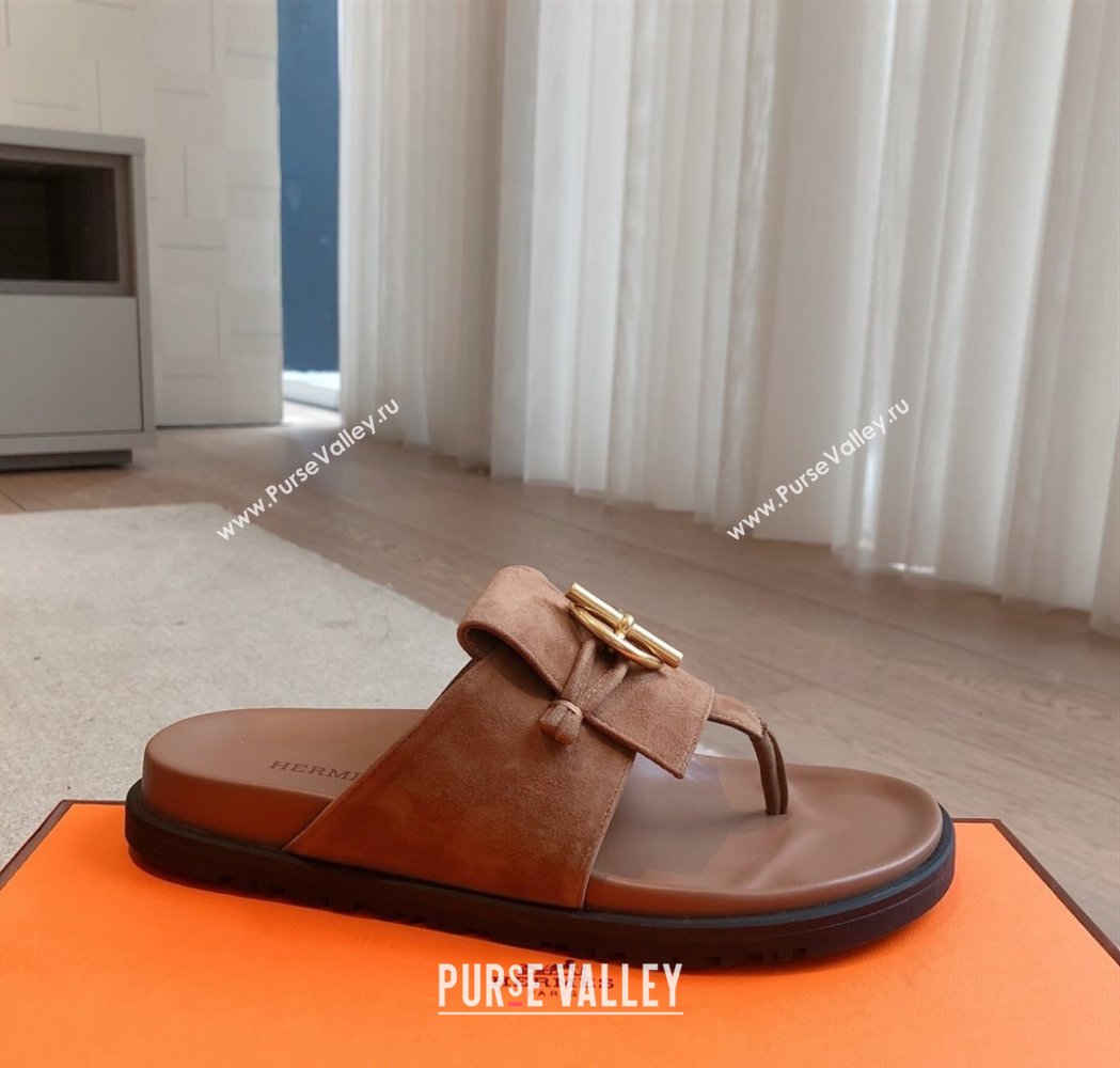 Hermes Glenan Buckle Thong Slide Sandals in Suede Brown 2025 (XC-250226094)