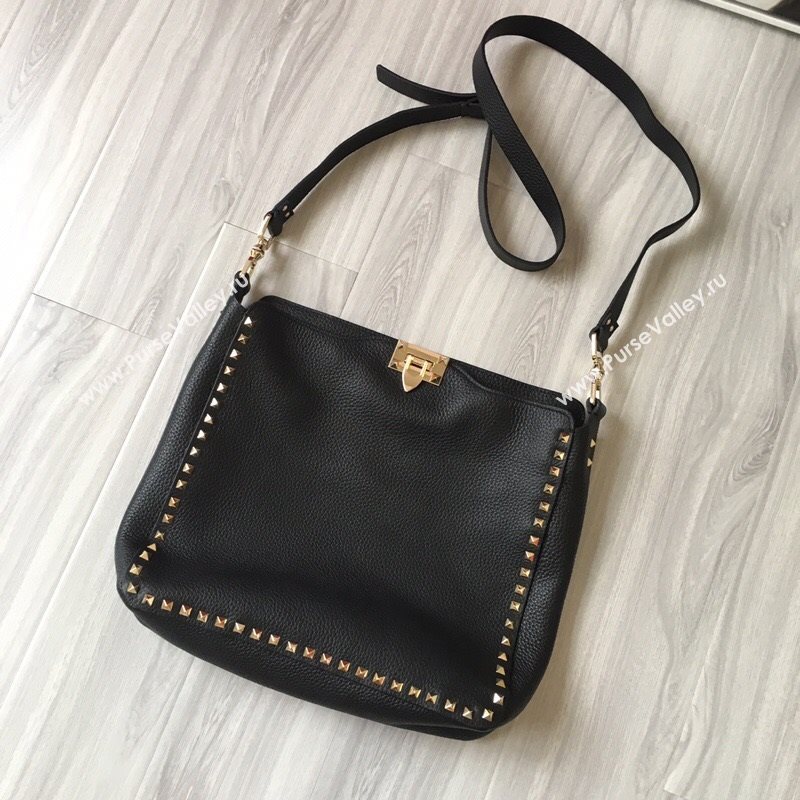 Valentino Small Grainy Calfskin Leather Rockstud Hobo Bag 50031L Black/Gold 2020 (JD-20112757)