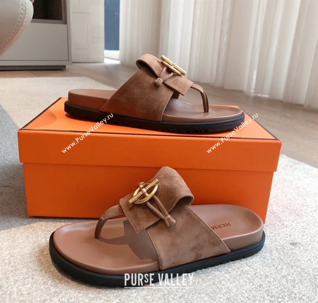 Hermes Glenan Buckle Thong Slide Sandals in Suede Brown 2025 (XC-250226094)