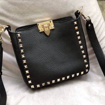 Valentino Mini Grainy Calfskin Leather Rockstud Hobo Bag 50031 Black/Gold 2020 (JD-20112758)