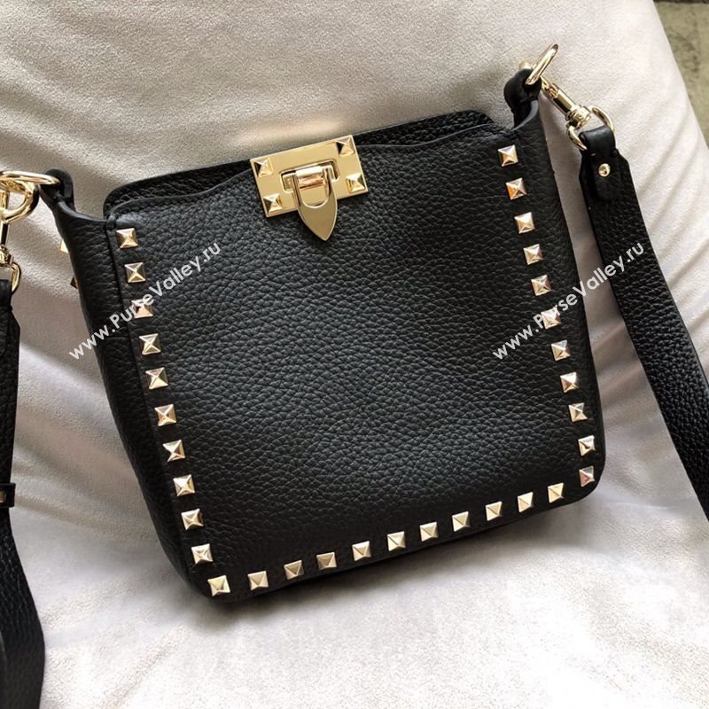 Valentino Mini Grainy Calfskin Leather Rockstud Hobo Bag 50031 Black/Gold 2020 (JD-20112758)
