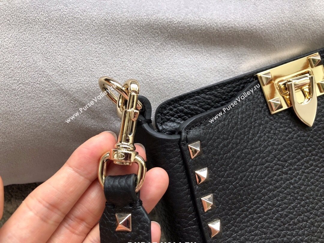 Valentino Mini Grainy Calfskin Leather Rockstud Hobo Bag 50031 Black/Gold 2020 (JD-20112758)