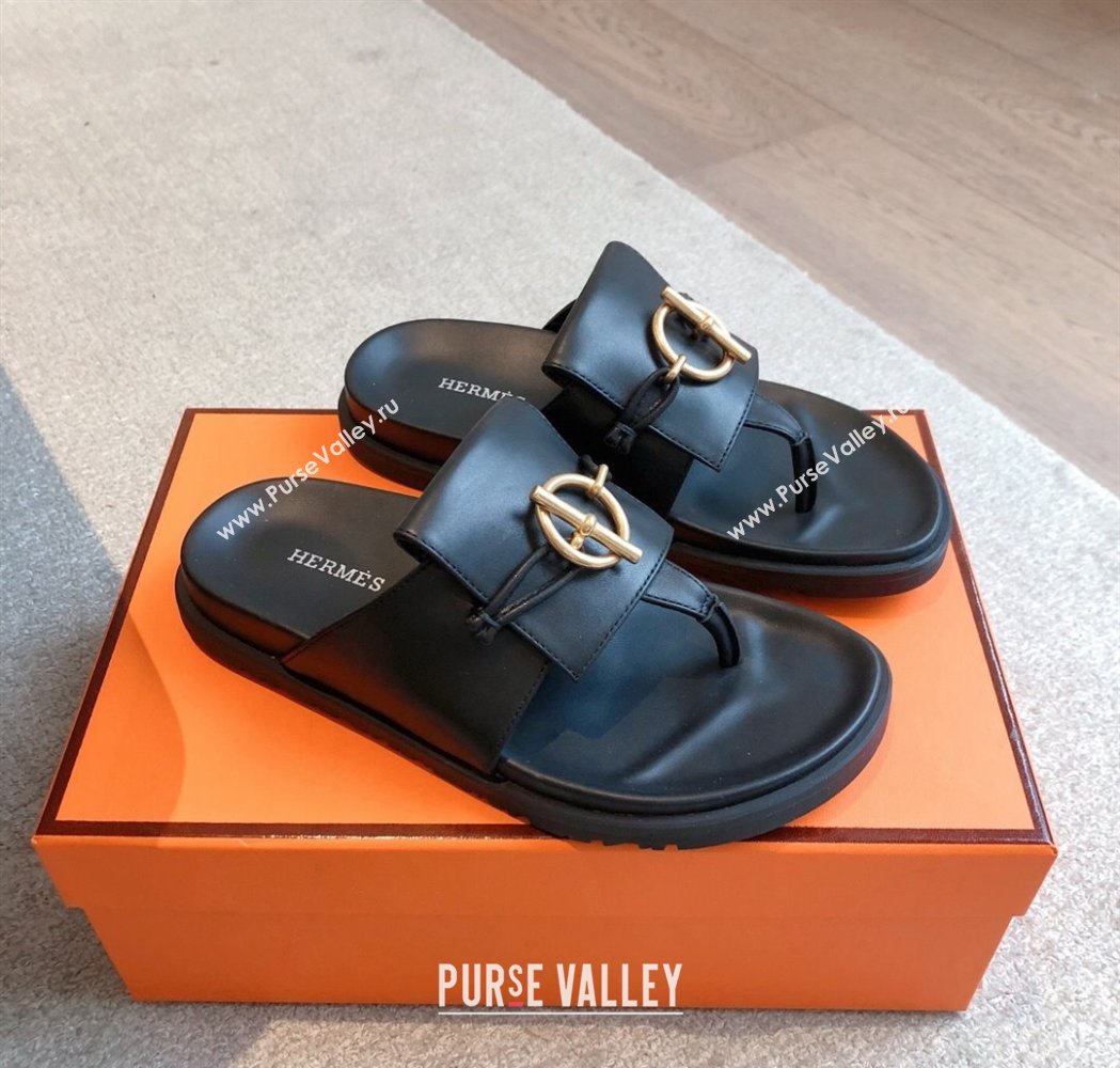 Hermes Glenan Buckle Thong Slide Sandals in Calfskin Black 2025 (XC-250226096)