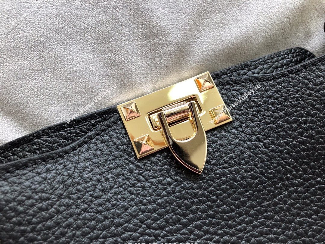 Valentino Mini Grainy Calfskin Leather Rockstud Hobo Bag 50031 Black/Gold 2020 (JD-20112758)