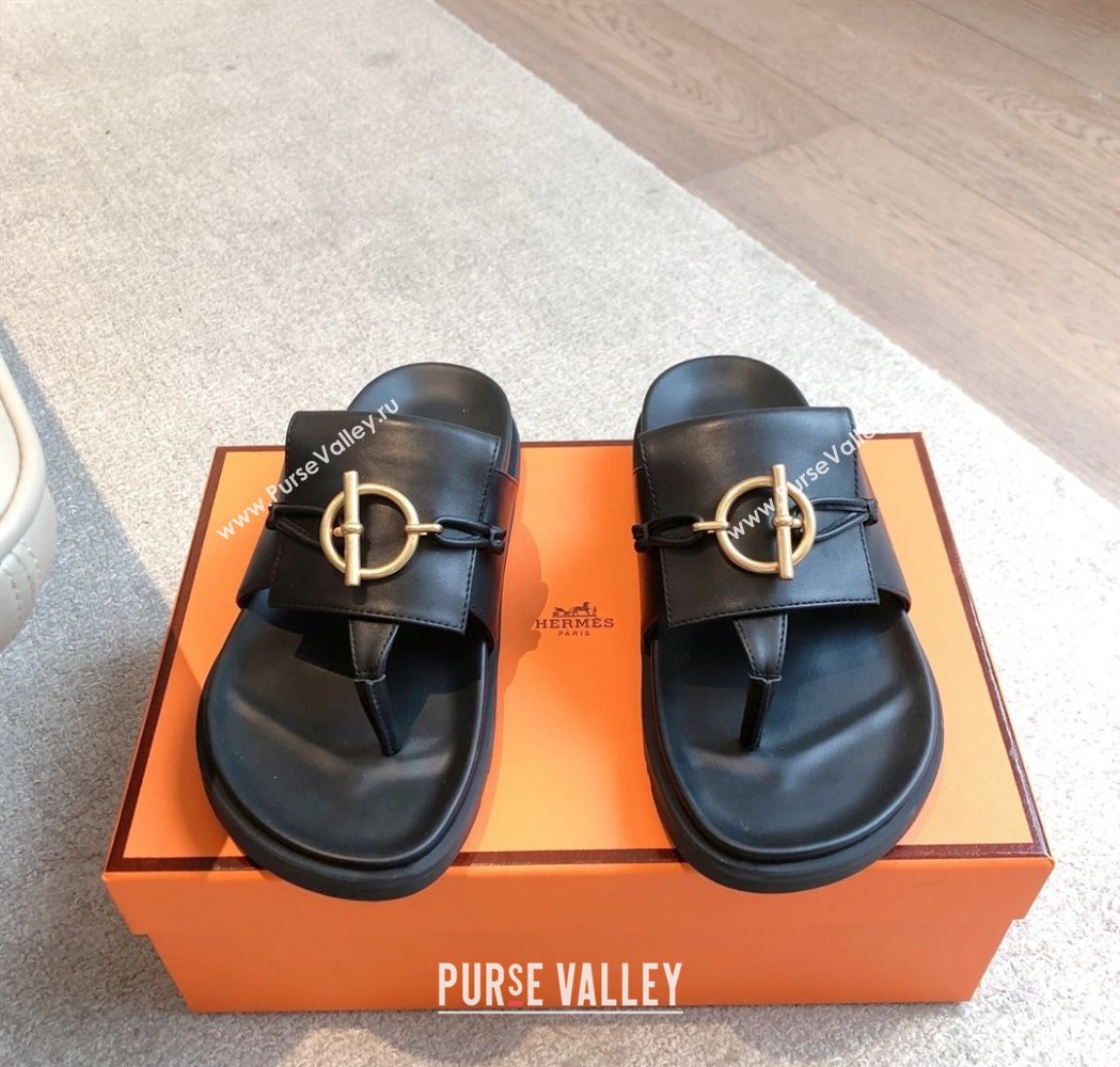 Hermes Glenan Buckle Thong Slide Sandals in Calfskin Black 2025 (XC-250226096)