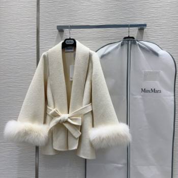 Max Mara Cashmere Wool Coat with Fox Fur M101824 White 2024 (Q-24101824)