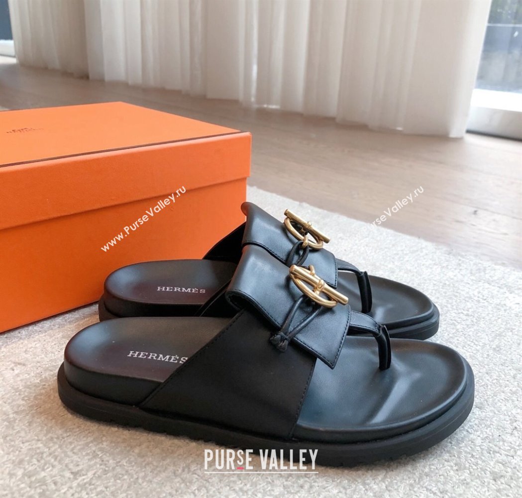 Hermes Glenan Buckle Thong Slide Sandals in Calfskin Black 2025 (XC-250226096)