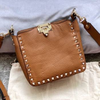 Valentino Mini Grainy Calfskin Leather Rockstud Hobo Bag 50031 Brown 2020 (JD-20112759)