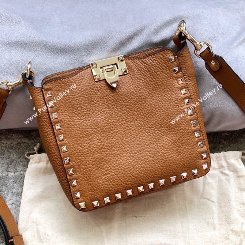 Valentino Mini Grainy Calfskin Leather Rockstud Hobo Bag 50031 Brown 2020 (JD-20112759)