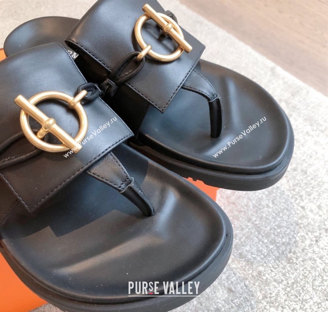 Hermes Glenan Buckle Thong Slide Sandals in Calfskin Black 2025 (XC-250226096)