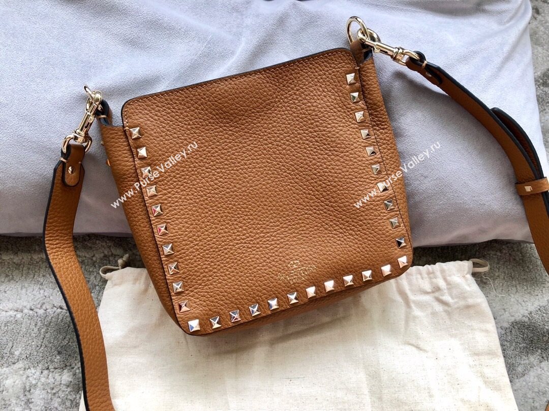 Valentino Mini Grainy Calfskin Leather Rockstud Hobo Bag 50031 Brown 2020 (JD-20112759)
