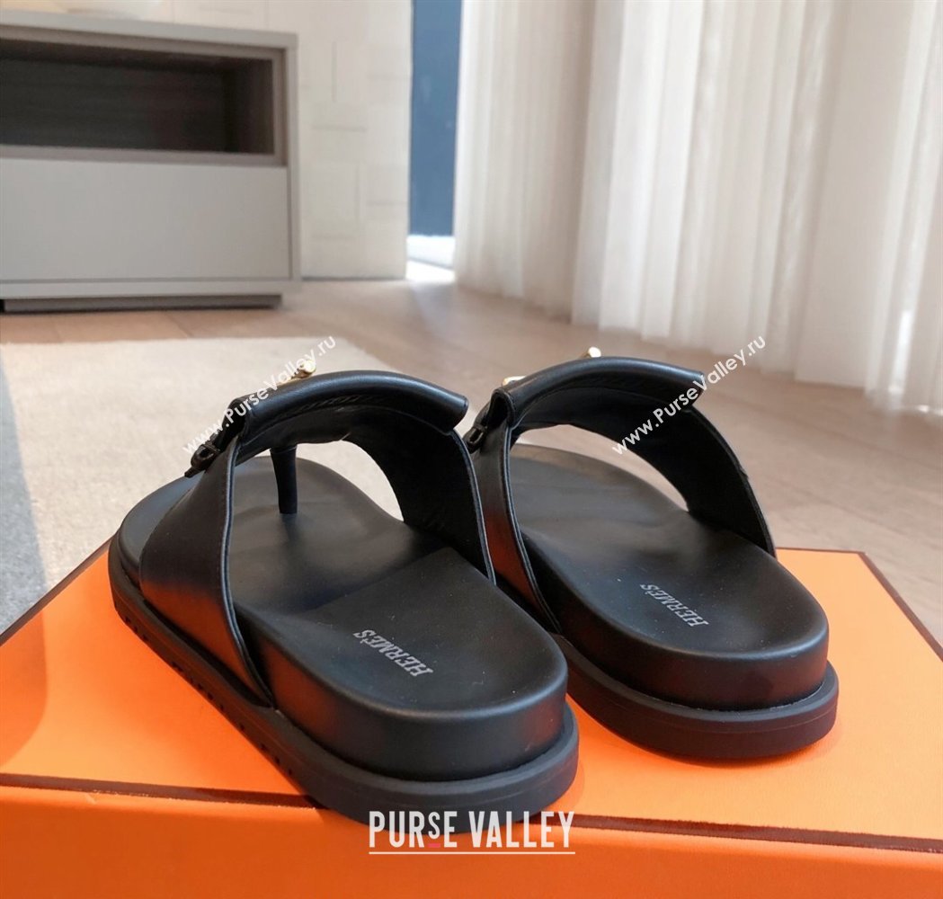 Hermes Glenan Buckle Thong Slide Sandals in Calfskin Black 2025 (XC-250226096)