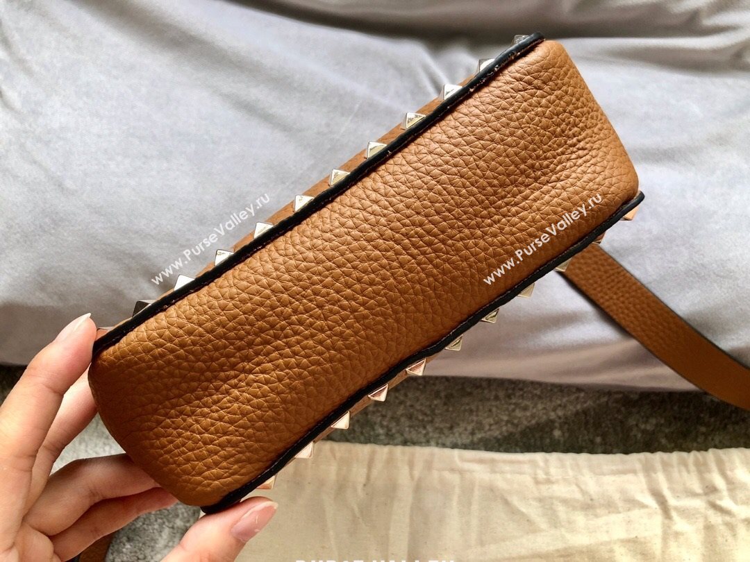 Valentino Mini Grainy Calfskin Leather Rockstud Hobo Bag 50031 Brown 2020 (JD-20112759)