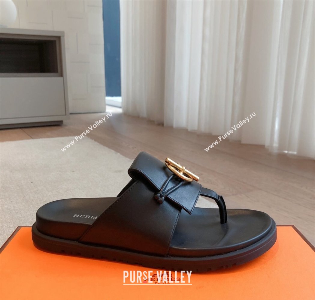 Hermes Glenan Buckle Thong Slide Sandals in Calfskin Black 2025 (XC-250226096)