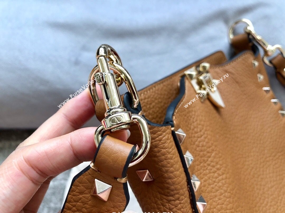 Valentino Mini Grainy Calfskin Leather Rockstud Hobo Bag 50031 Brown 2020 (JD-20112759)