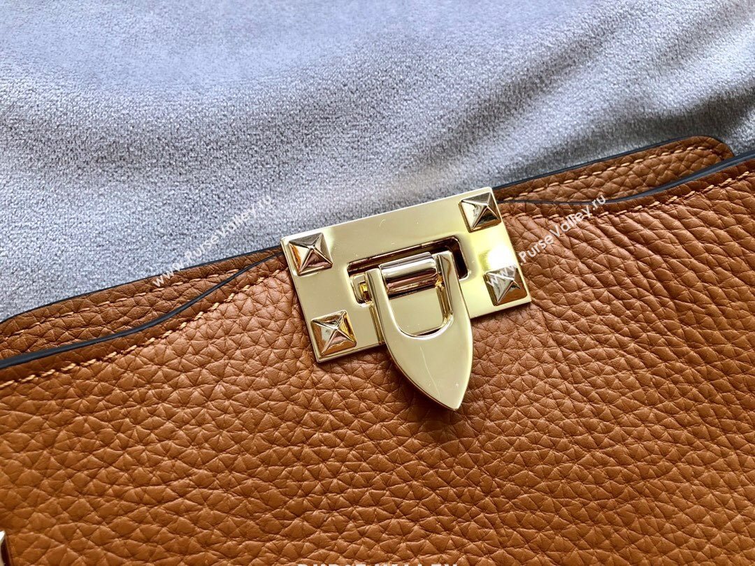 Valentino Mini Grainy Calfskin Leather Rockstud Hobo Bag 50031 Brown 2020 (JD-20112759)