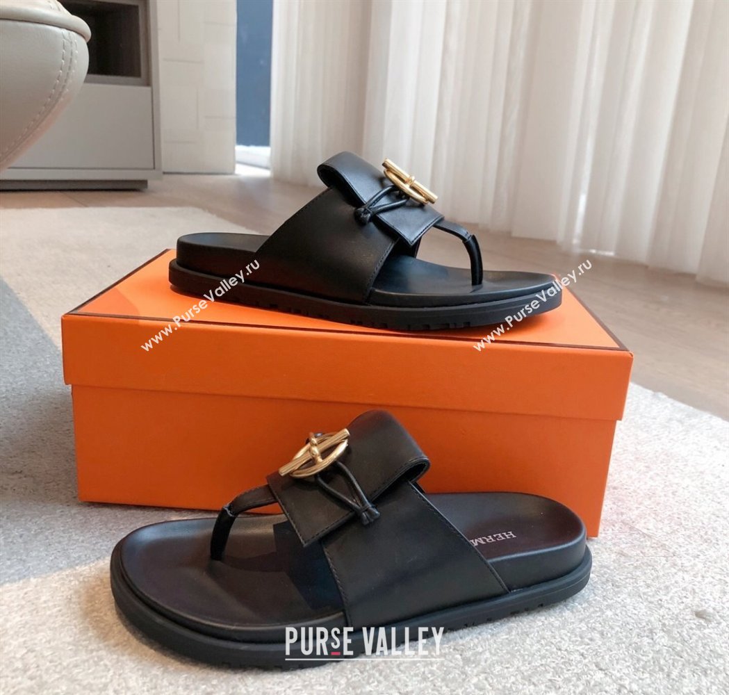 Hermes Glenan Buckle Thong Slide Sandals in Calfskin Black 2025 (XC-250226096)